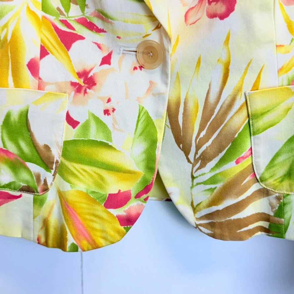 Judith Hart Petites Tropical Floral Blazer Jacket Yellow Green Pink Tie Neck 6P
